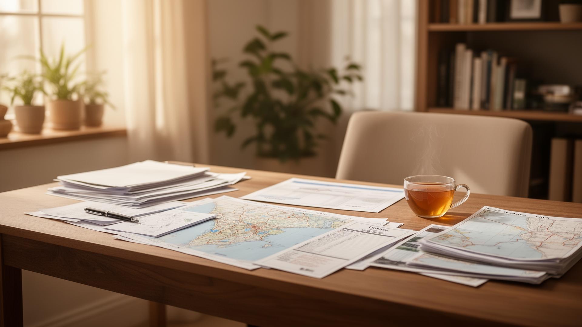 Calm workspace with travel planning materials
