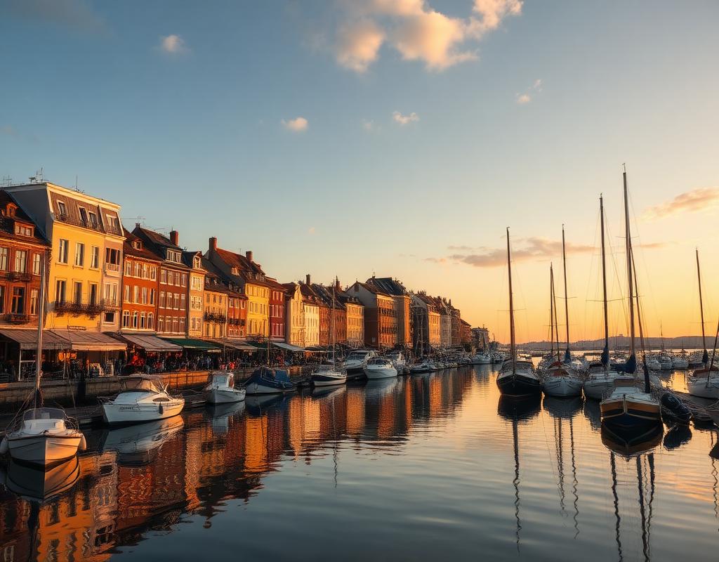 Peaceful harbor town at sunset